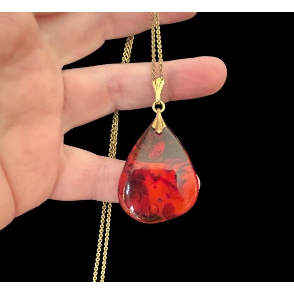VINTAGE 1970s ANDREAS DAUB XL Baltic Amber Abstract Pendant w 24" Chain Necklace